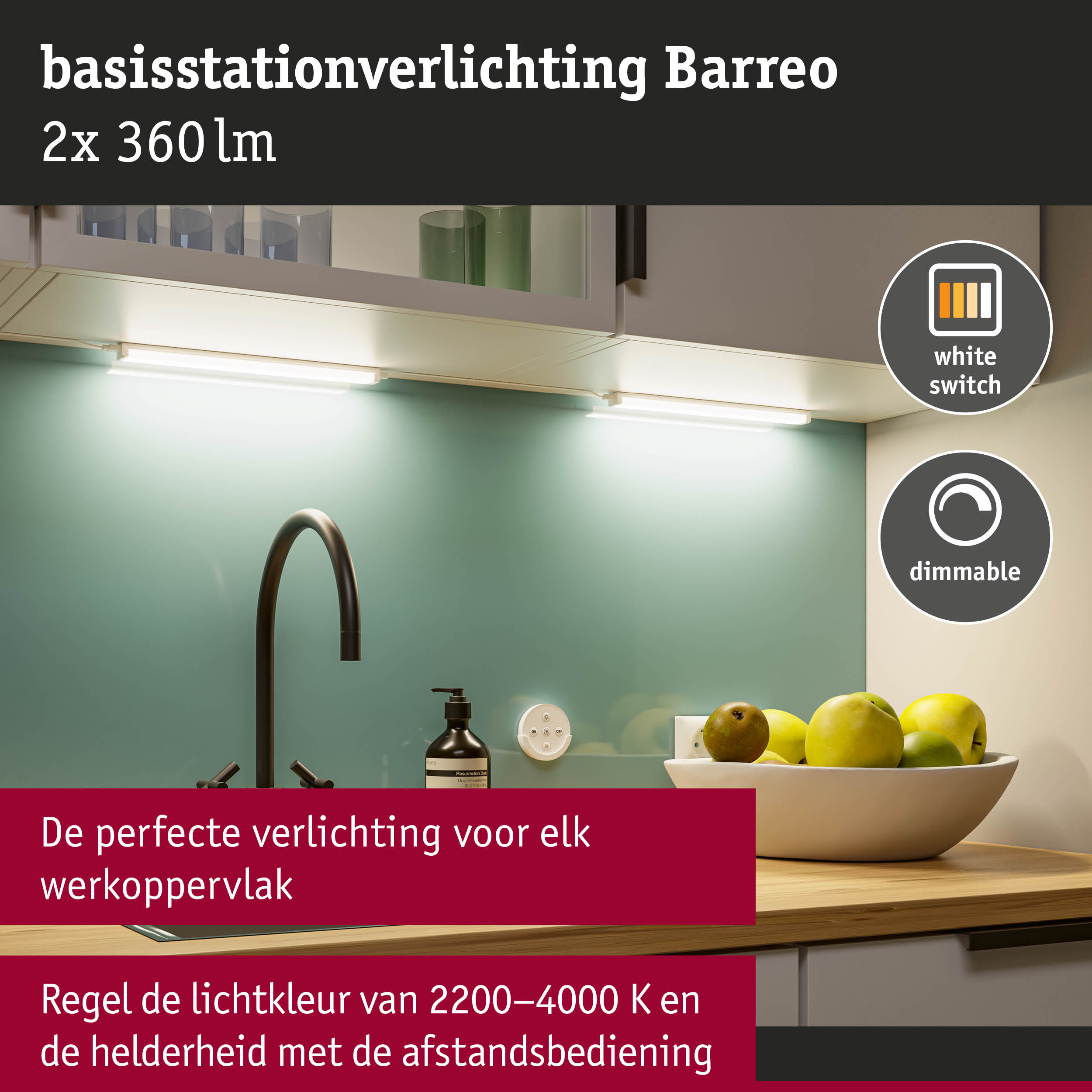 Witte LED onderbouwverlichting Barreo met dimbare lichtkleur en afstandsbediening voor keukenverlichting