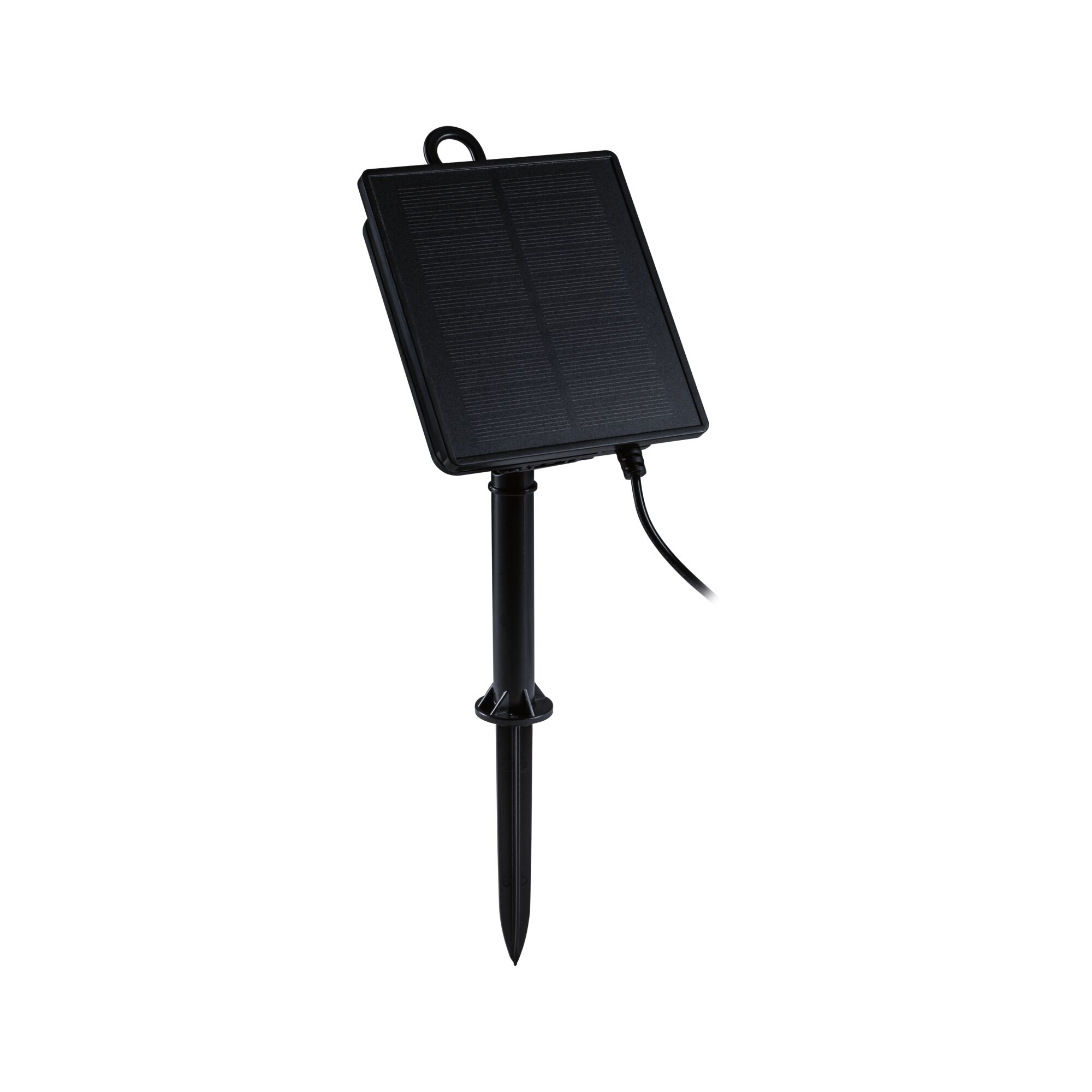 Black solar panel with plastic ground spike for garden lighting and outdoor power supply