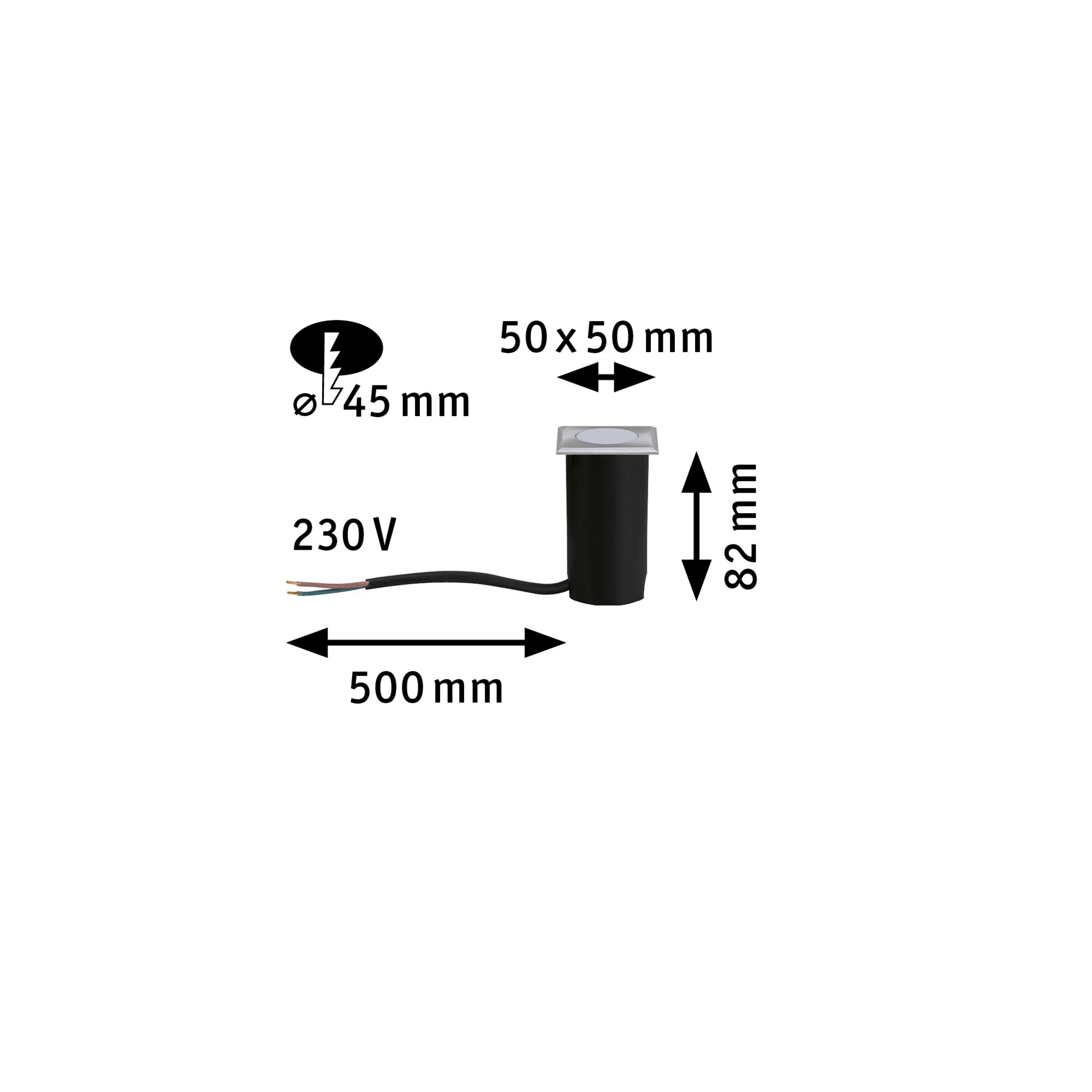 Schwarze LED-Bodeneinbauleuchte mit quadratischer silberner Abdeckung, 230V, Maße 50x50x82 mm