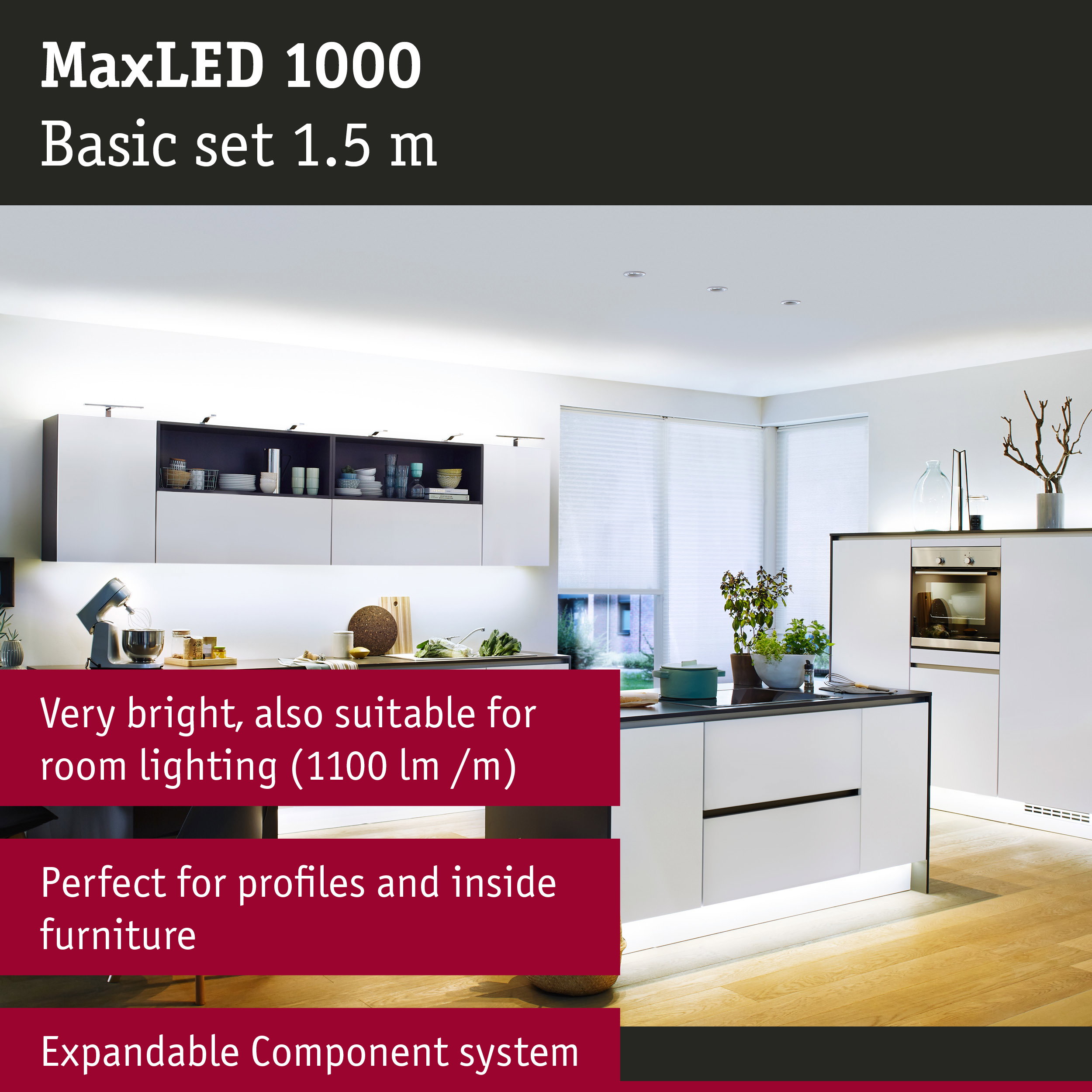 Modern white kitchen with MaxLED 1000 LED lighting system for bright room and furniture illumination