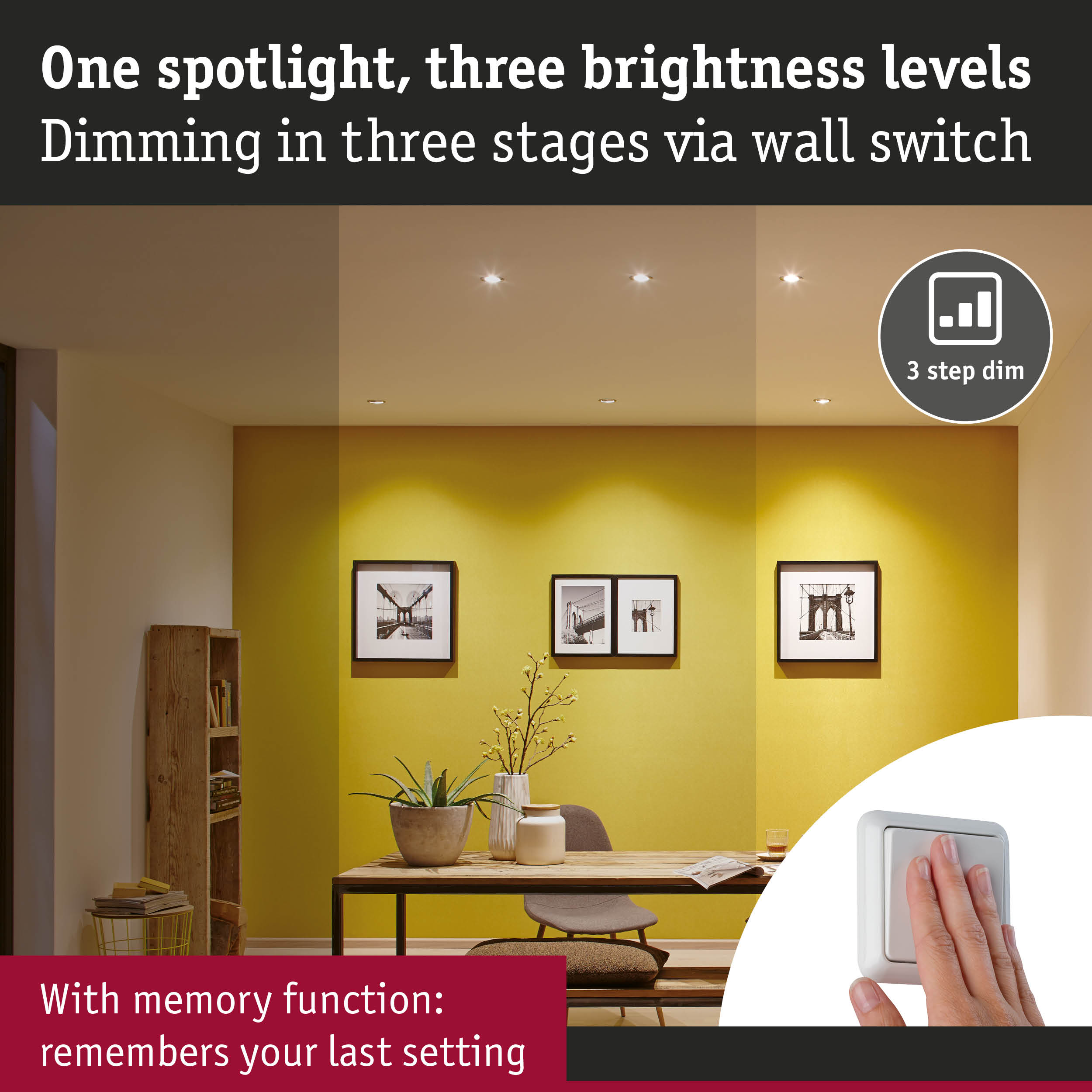 Living room with dimmable ceiling spotlights in three brightness levels controlled by wall switch