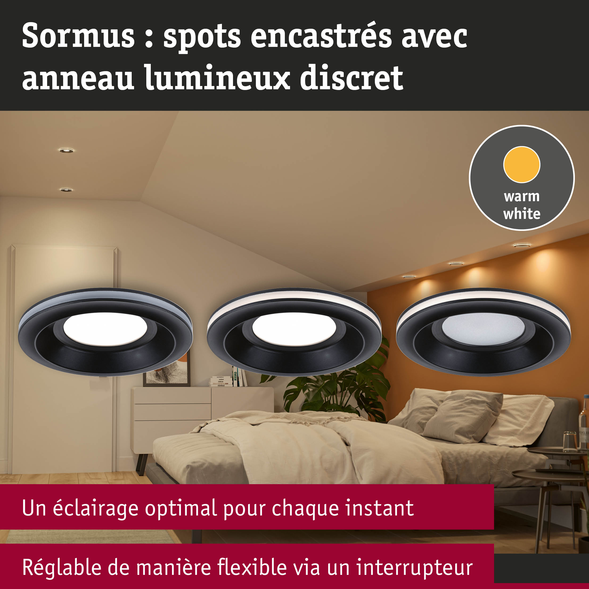 Spots encastrés Sormus avec anneau lumineux discret noir pour éclairage LED blanc chaud