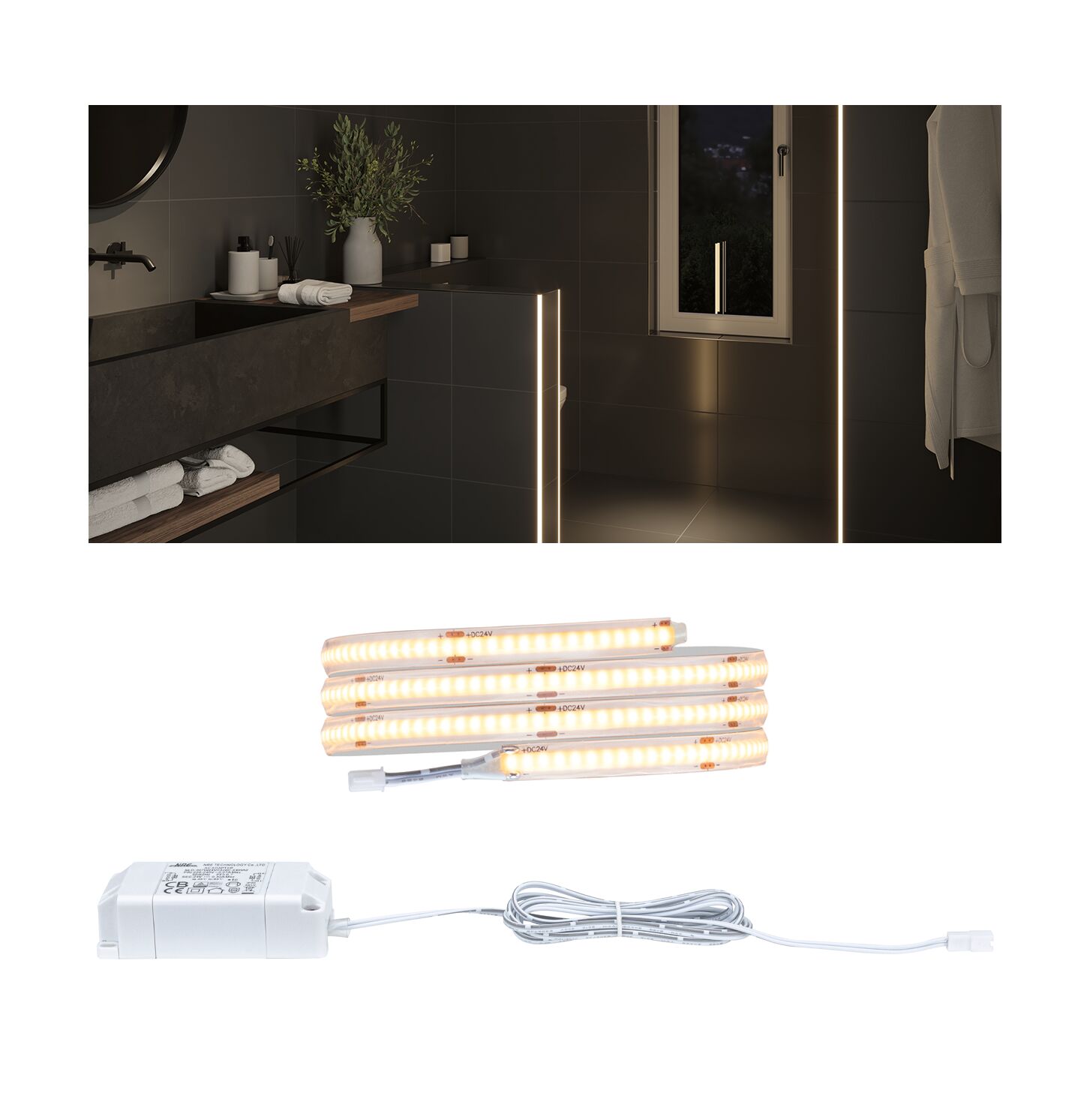 Warm white LED strip with power supply for indirect lighting in modern bathroom settings.