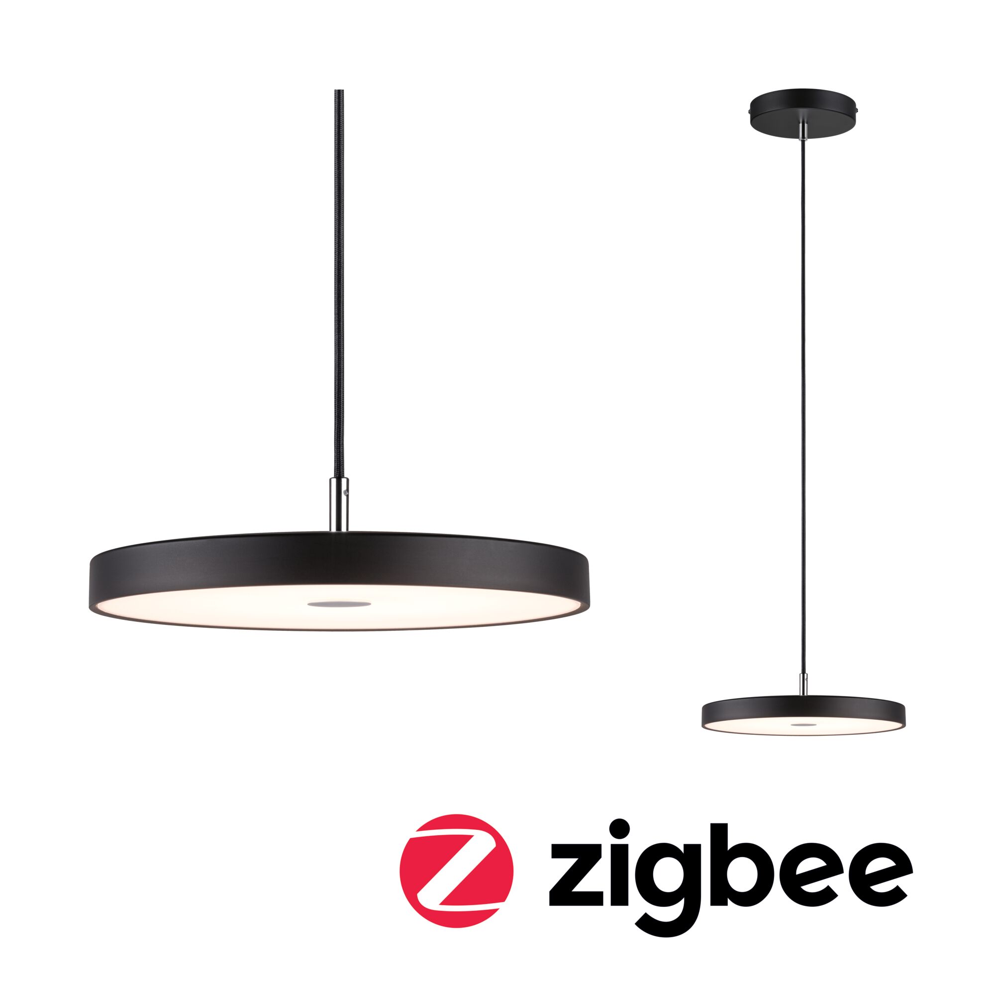 Zwarte ronde LED-hanglamp met witte diffuser en Zigbee voor slimme verlichting