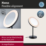 Masua LED table mirror with black stand, 3x magnification, IP44 water-resistant makeup mirror