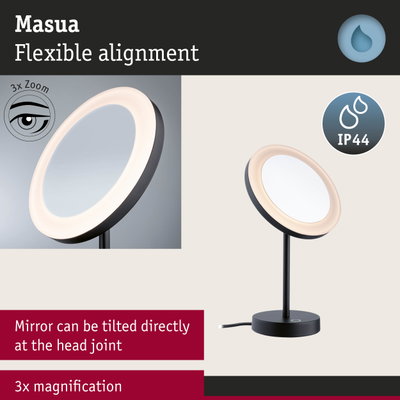 Masua LED table mirror with black stand, 3x magnification, IP44 water-resistant makeup mirror