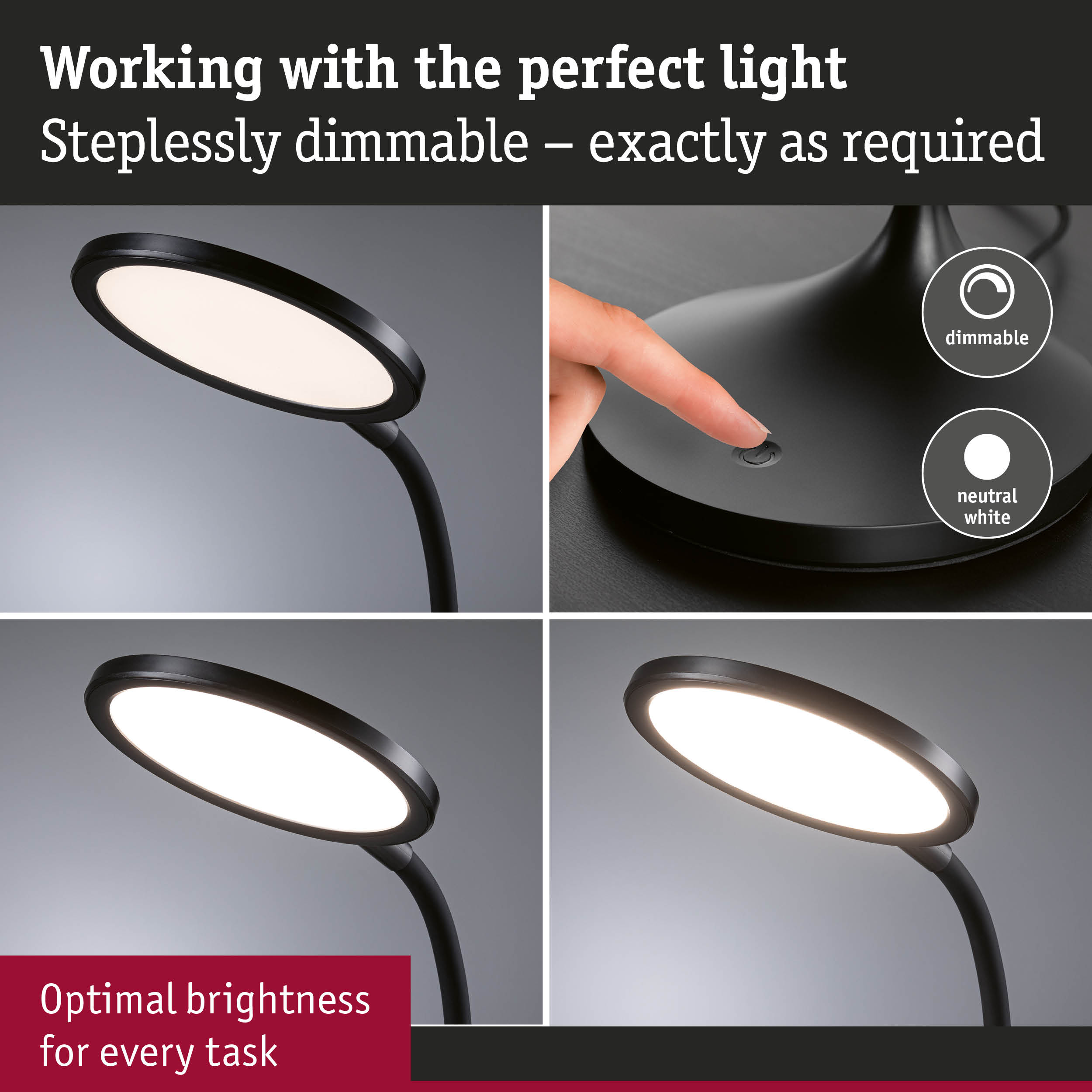 Black dimmable LED desk lamp with flexible neck and neutral white light for optimal task brightness.