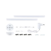 White LED under-cabinet light set with remote control and mounting accessories for versatile lighting