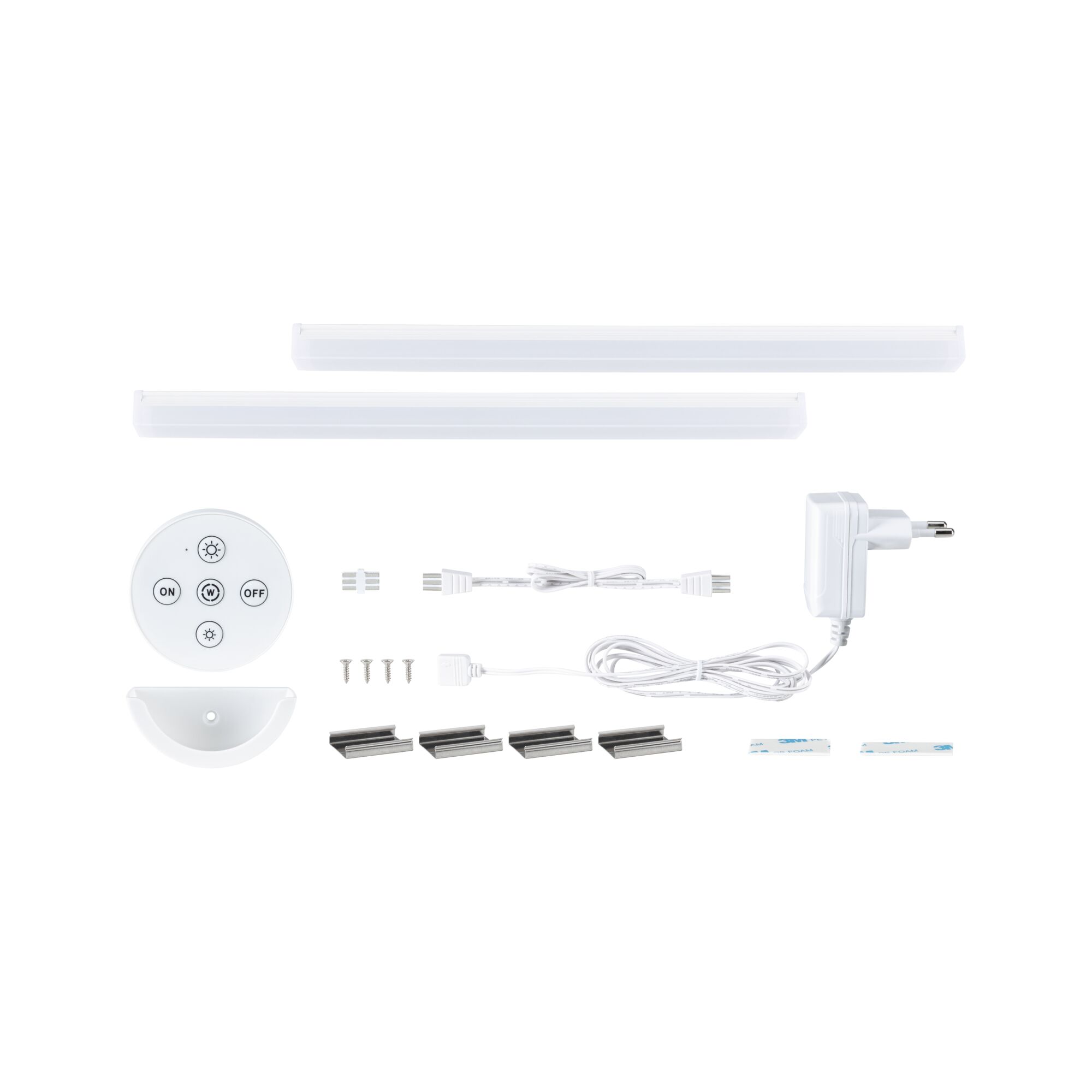 White LED under-cabinet light set with remote control and mounting accessories for versatile lighting