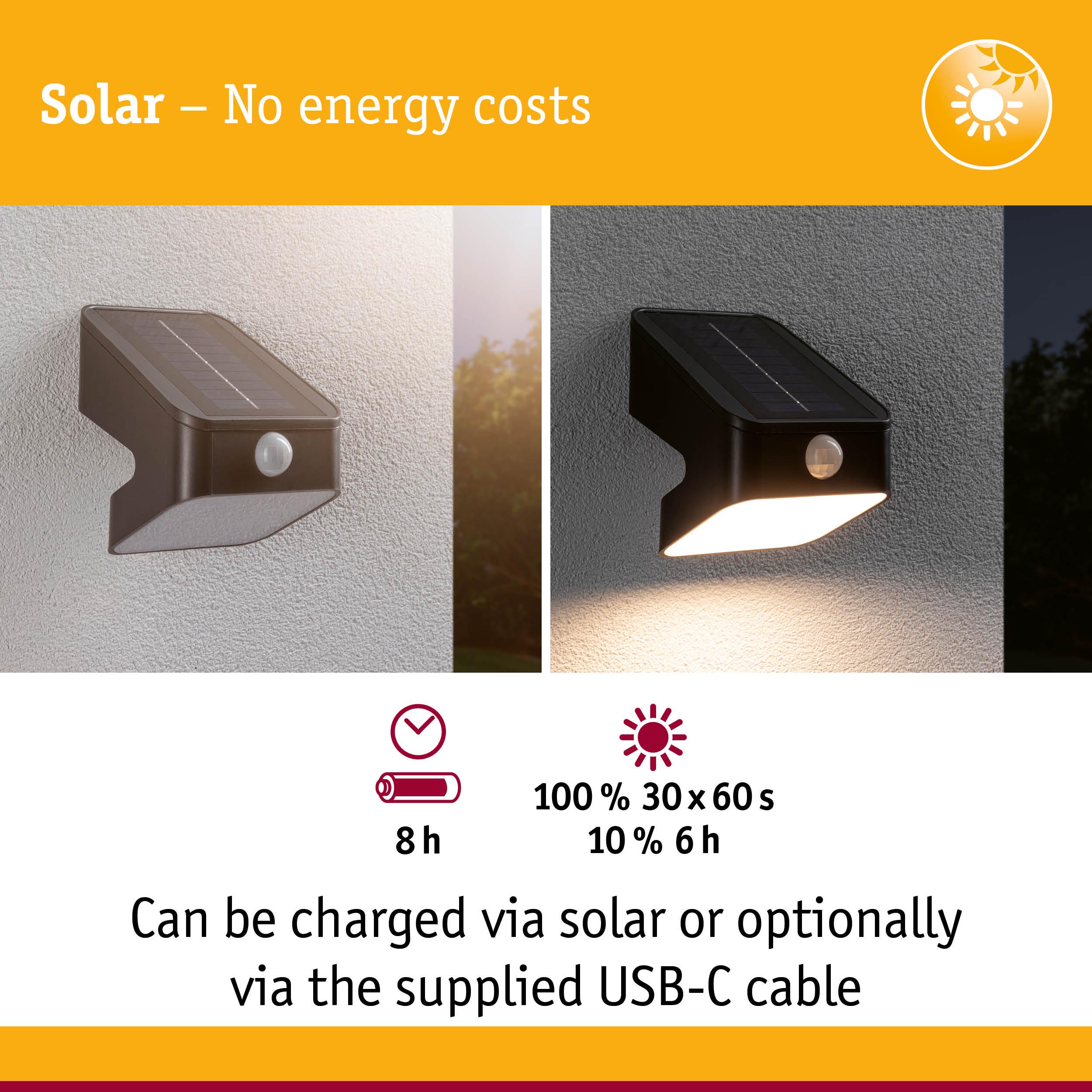 Black solar wall light with motion sensor, 8-hour charge, USB-C cable included, energy-saving outdoor lighting