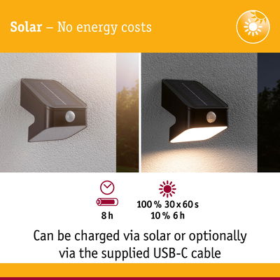 Black solar wall light with motion sensor, 8-hour charge, USB-C cable included, energy-saving outdoor lighting