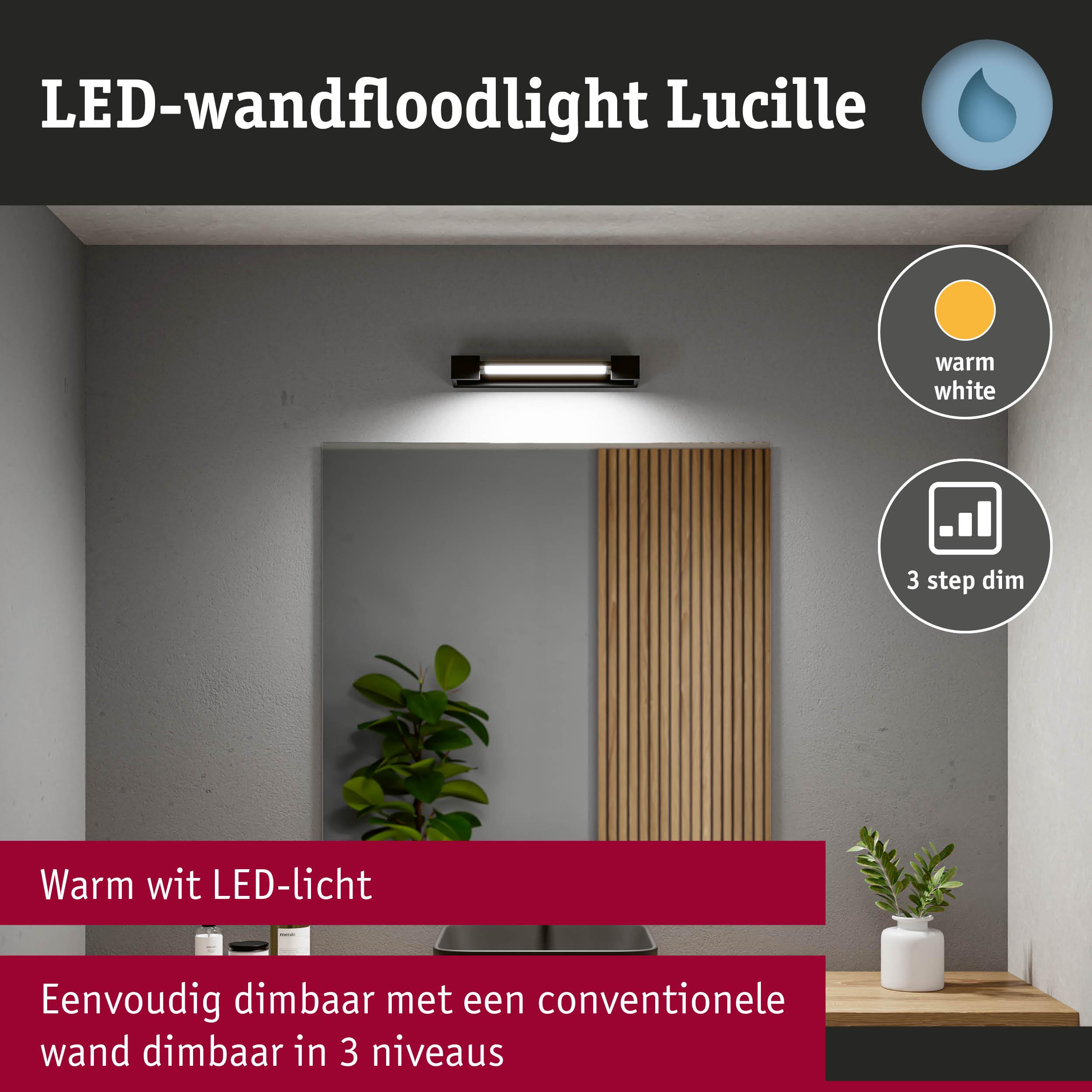 Zwarte LED-wandfloodlight Lucille met warm wit licht en 3-traps dimfunctie voor binnenverlichting