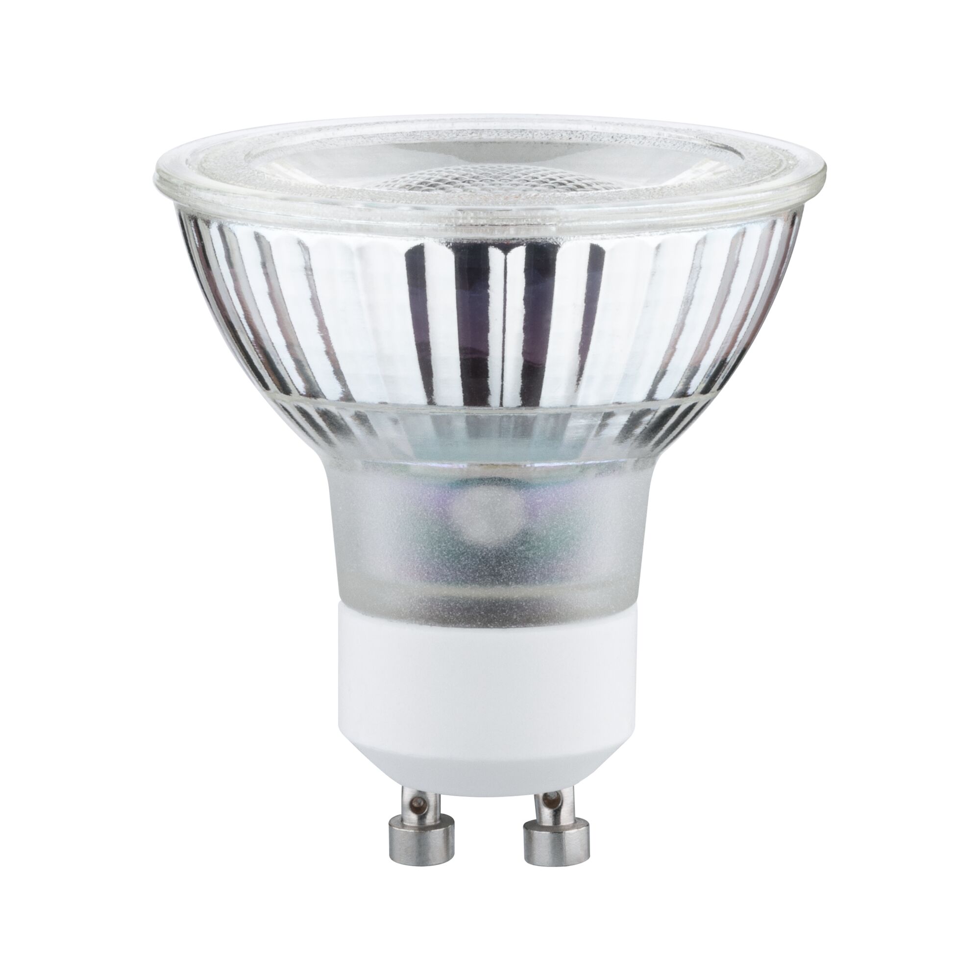 Clear GU10 LED bulb with glass body and white base for energy-efficient lighting solutions