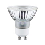Clear GU10 LED bulb with glass body and white base for energy-efficient lighting solutions