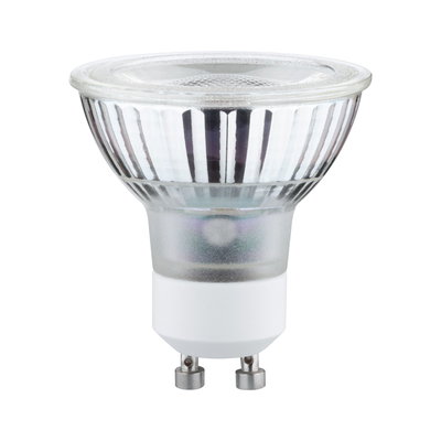 Clear GU10 LED bulb with glass body and white base for energy-efficient lighting solutions