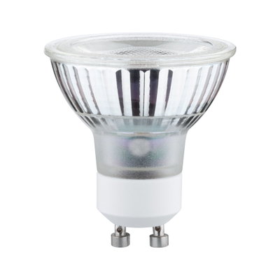 Clear GU10 LED bulb with glass body and white base for energy-efficient lighting solutions