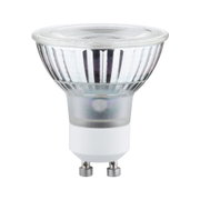 Clear GU10 LED bulb with glass body and white base for energy-efficient lighting solutions