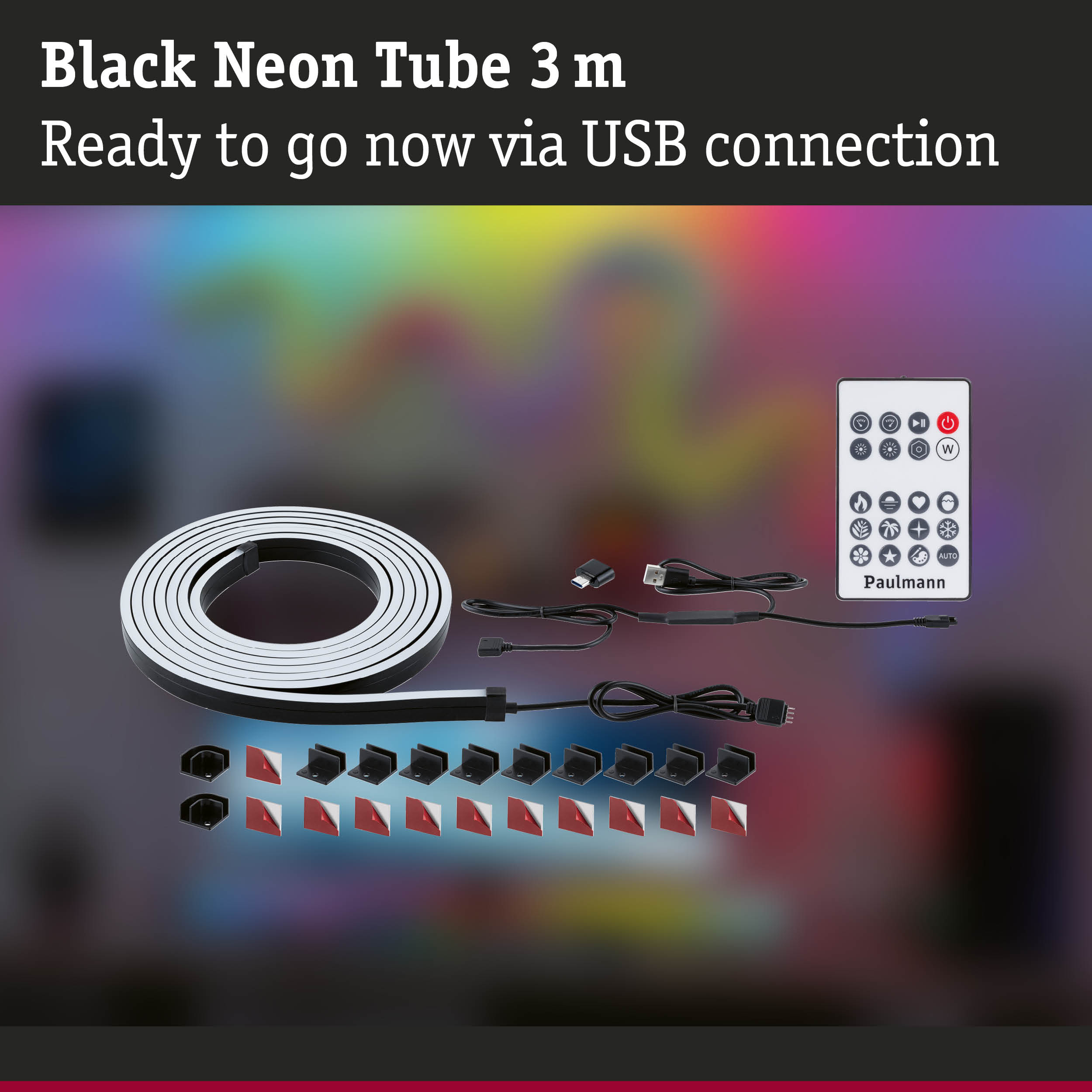 Black 3m neon tube with USB connection and remote control for versatile LED lighting