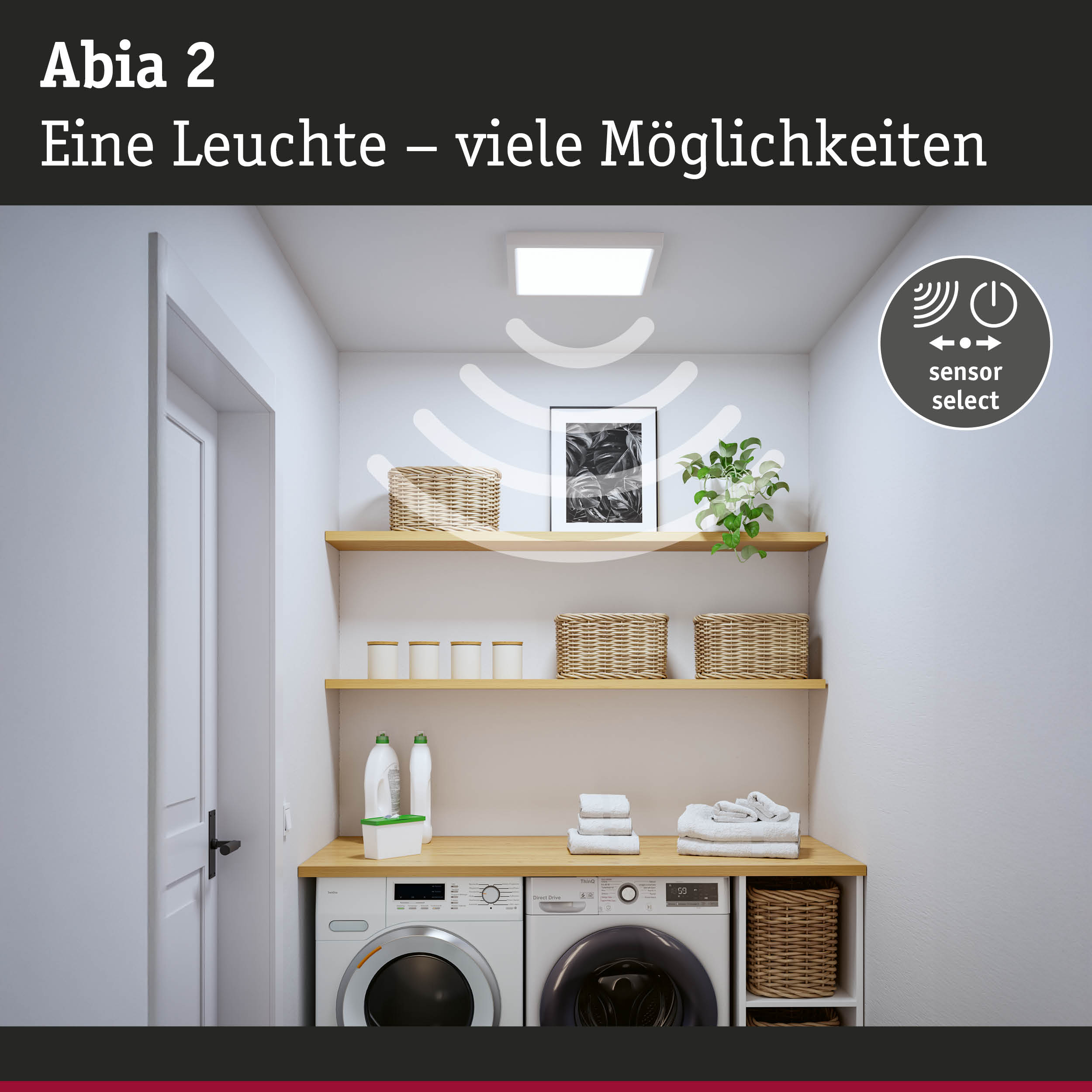 Abia 2 LED-Deckenleuchte in Weiß mit Sensorsteuerung für vielseitige Beleuchtungsmöglichkeiten im Waschraum