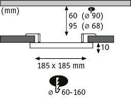 Technische Zeichnung eines quadratischen LED-Einbaustrahler-Designs mit Maßen und Einbautiefe