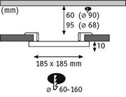 Technische Zeichnung eines quadratischen LED-Einbaustrahler-Designs mit Maßen und Einbautiefe