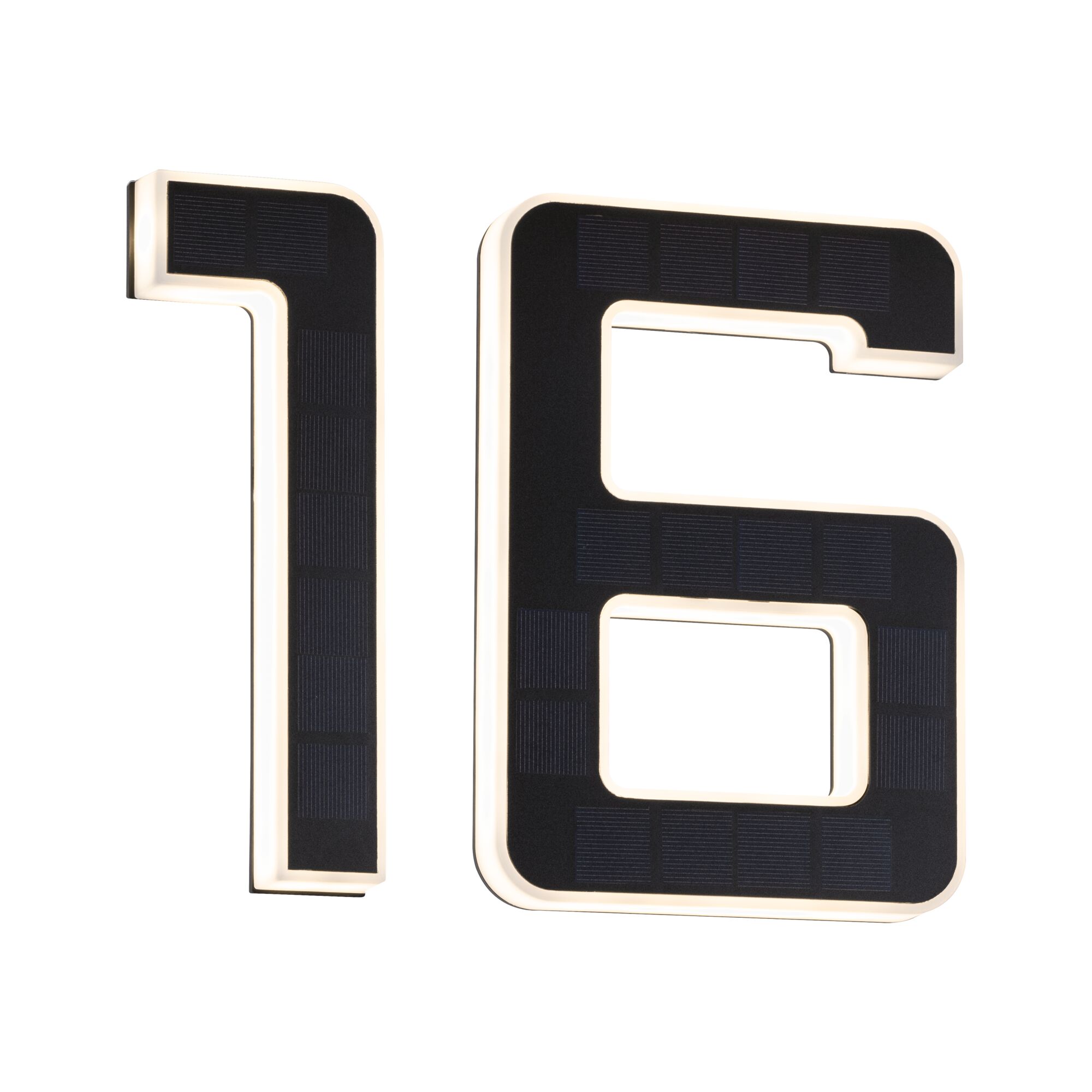 Modern house number 16 in black with integrated solar panels and white LED lighting for outdoor use