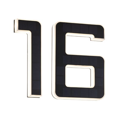 Modern house number 16 in black with integrated solar panels and white LED lighting for outdoor use