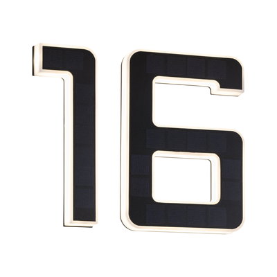 Modern house number 16 in black with integrated solar panels and white LED lighting for outdoor use