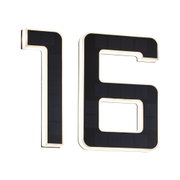 Modern house number 16 in black with integrated solar panels and white LED lighting for outdoor use