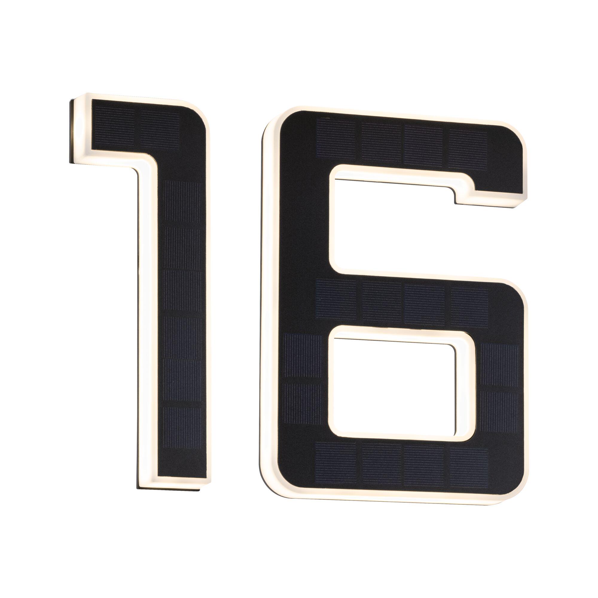 Modern house number 16 in black with integrated solar panels and white LED lighting for outdoor use