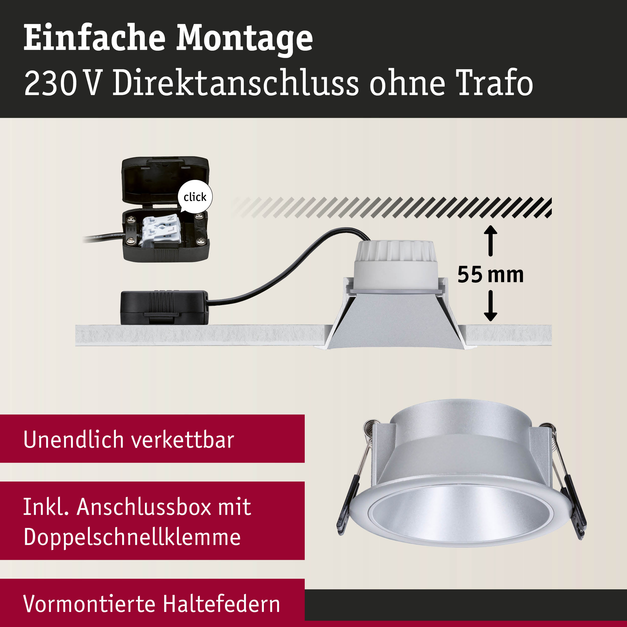 Silberner Einbaustrahler aus Metall mit 55 mm Einbautiefe und Anschlussbox für 230 V Direktanschluss