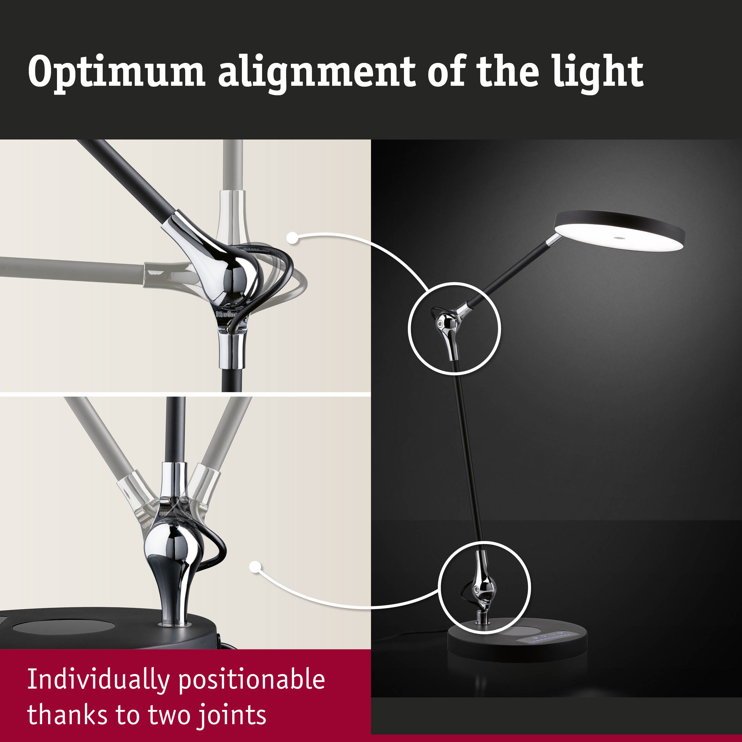 Black LED desk lamp with chrome joint and dimmable light for adjustable modern lighting