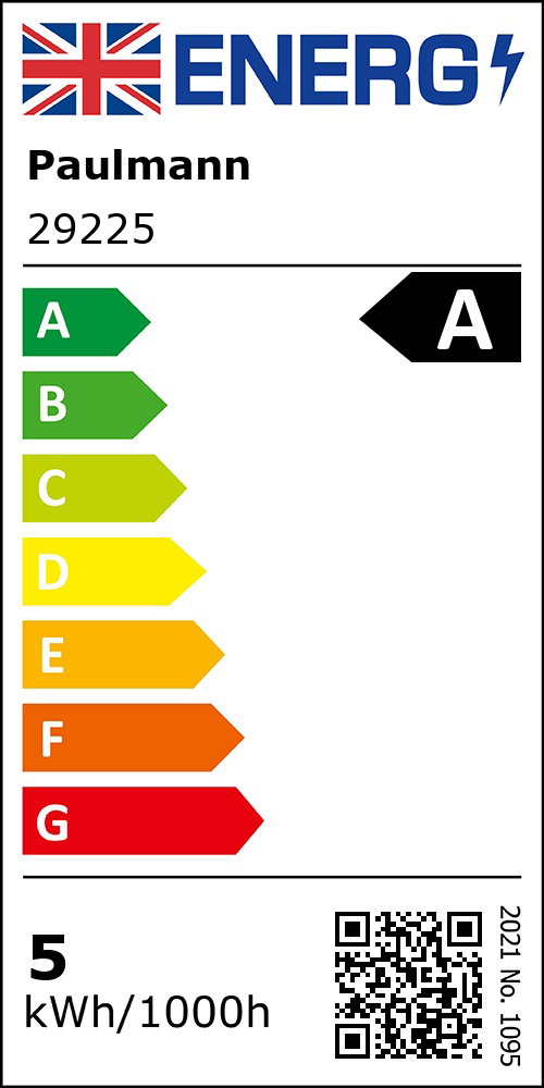 Energy label showing A rating and 5 kWh consumption per 1000 hours