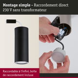 Luminaire LED cylindrique noir avec raccordement direct 230 V sans transformateur, montage simple
