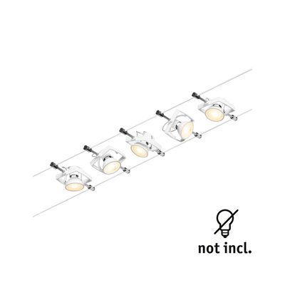 White cable lighting system with five adjustable metal LED spotlights for versatile room lighting