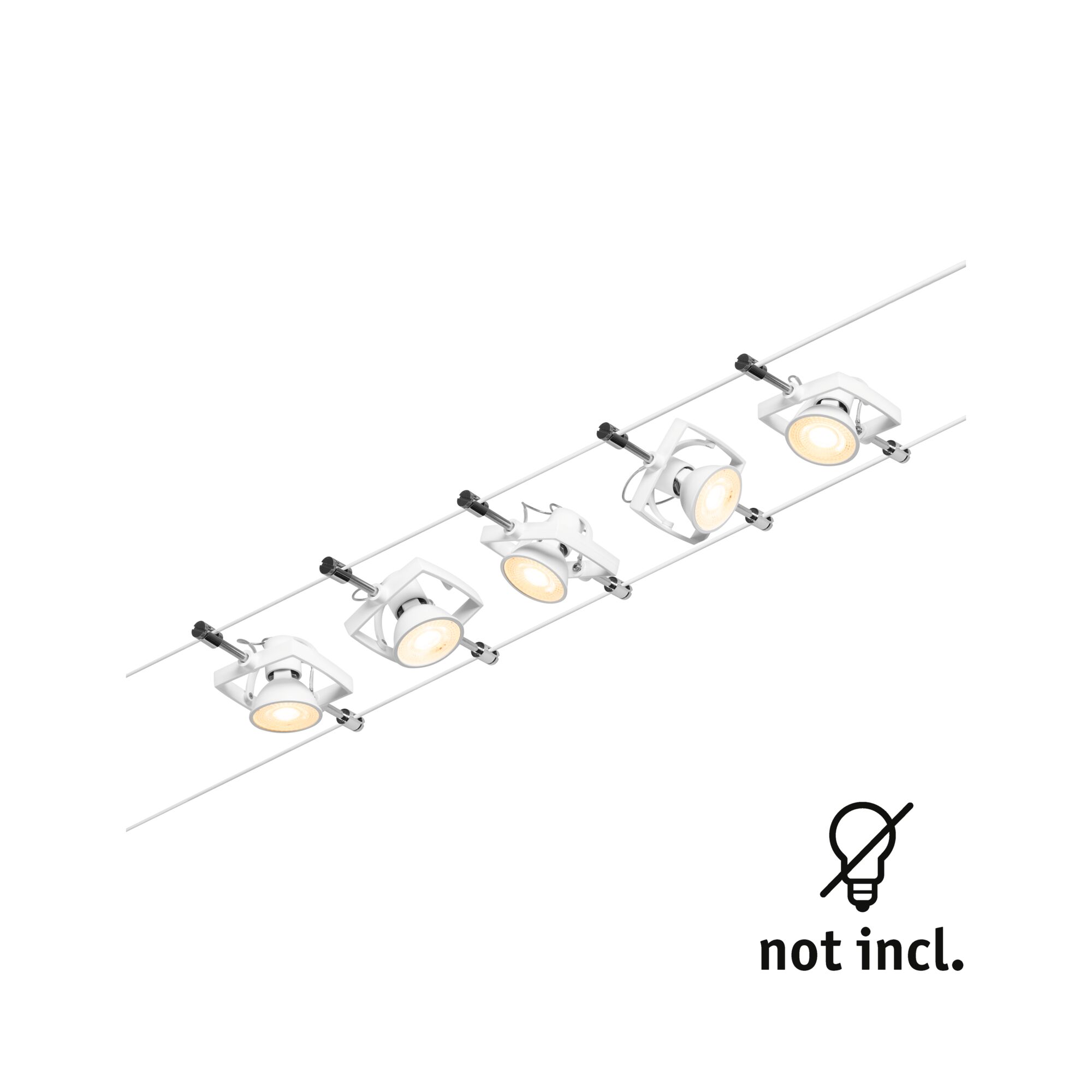 Weißes LED-Seilsystem mit verstellbaren Strahlern für moderne Raumbeleuchtung ohne Leuchtmittel