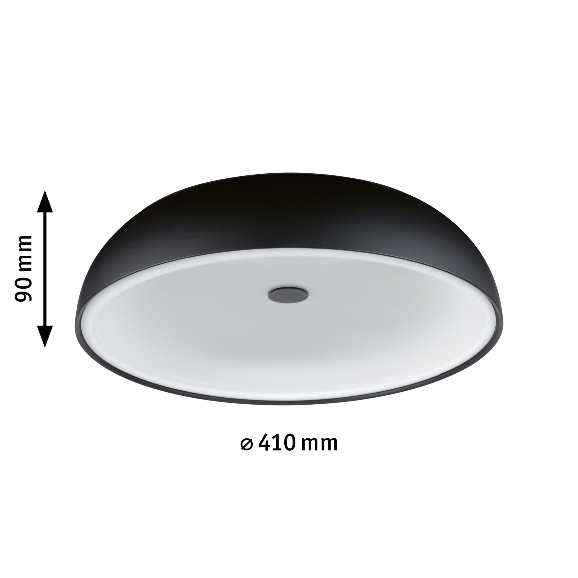 Runde Deckenleuchte mit schwarzem Metallgehäuse und weißem Diffusor, 410 mm Durchmesser