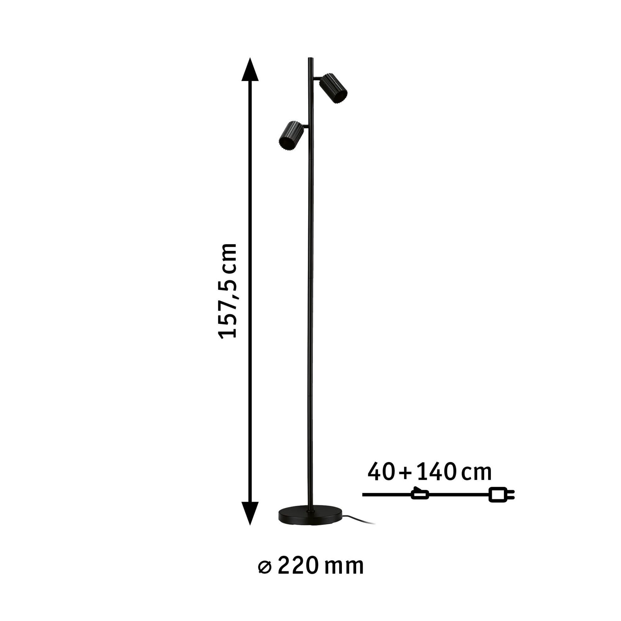 Black metal floor lamp with two adjustable spotlights, 157.5 cm tall, ideal for living spaces