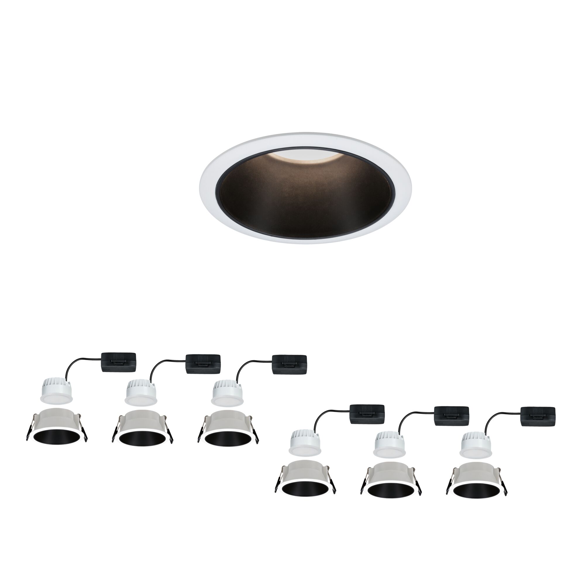 LED Recessed luminaire 3-Step-Dim Cole Coin 6-piece set IP44 round 88mm Coin 6x6W 6x470lm 230V dimmable 2700K White/Black matt White LED recessed spotlights with black metal inner ring, energy-efficient ceiling lighting.
