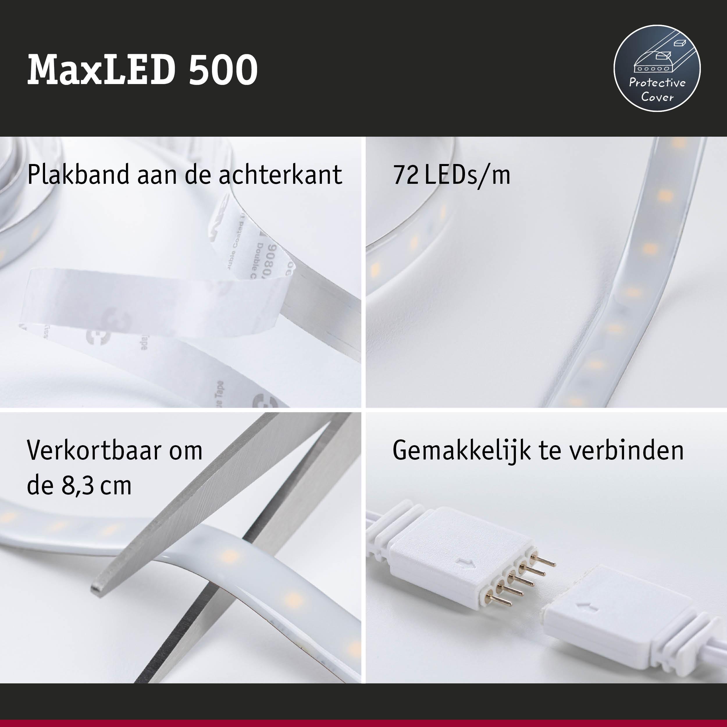 MaxLED 500 LED-strip met 72 LEDs/m, plakband aan achterkant, verkortbaar om de 8,3 cm, eenvoudig te verbinden
