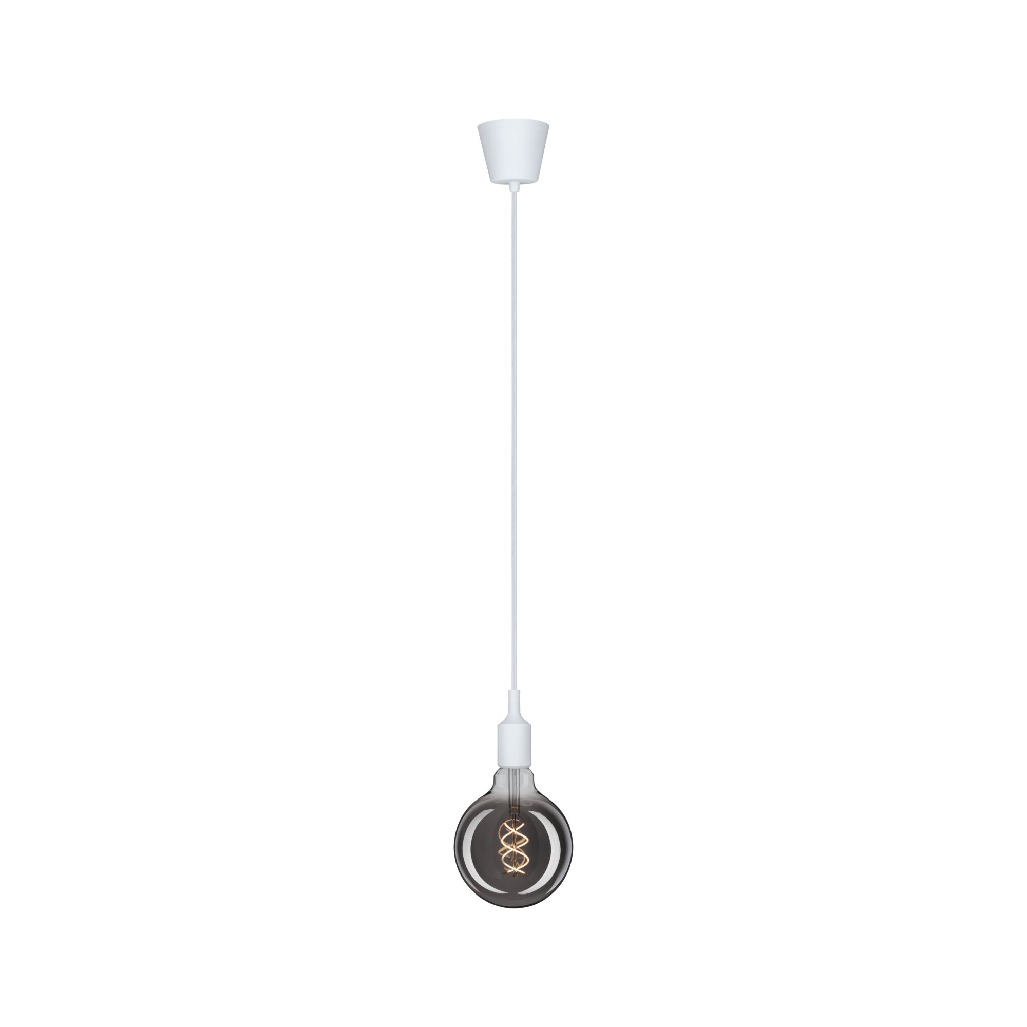 Moderne Pendelleuchte mit weißem Kabel und rauchgrauer Glühbirne für stilvolle Raumbeleuchtung