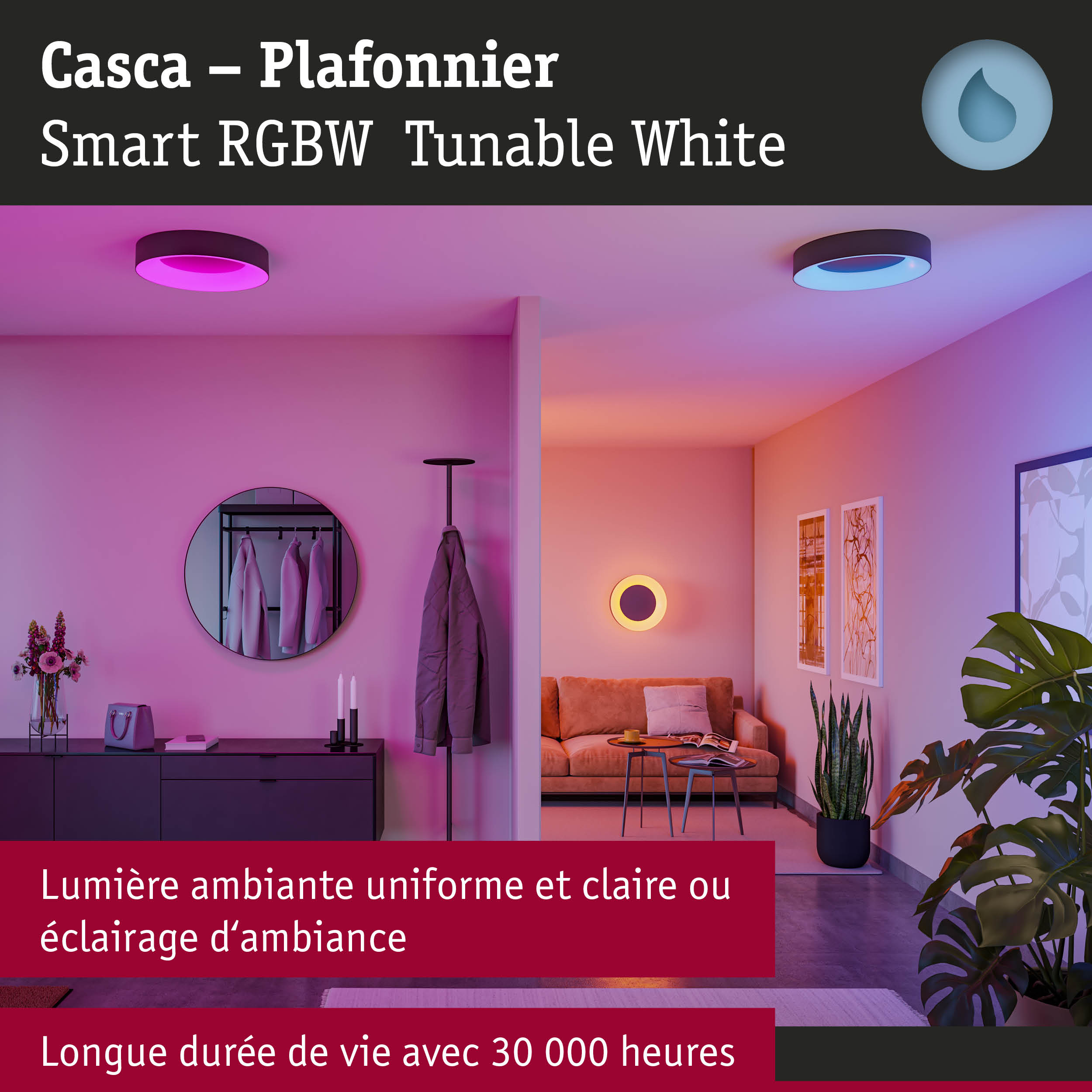 Plafonnier Casca Smart RGBW avec blanc réglable et éclairage d'ambiance coloré dans un salon moderne