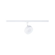 White round LED spotlight on metal track system for modern indoor lighting