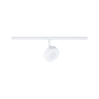 Witte ronde LED-spot op metalen railsysteem voor moderne binnenverlichting