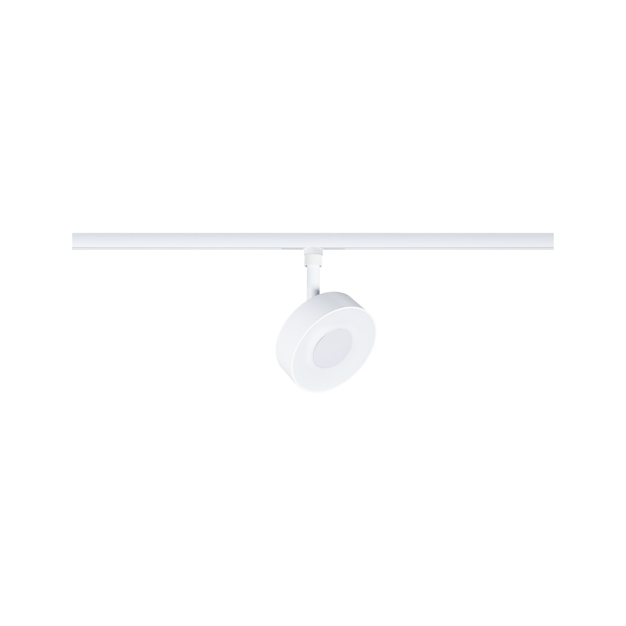 White round LED spotlight on metal track system for modern indoor lighting