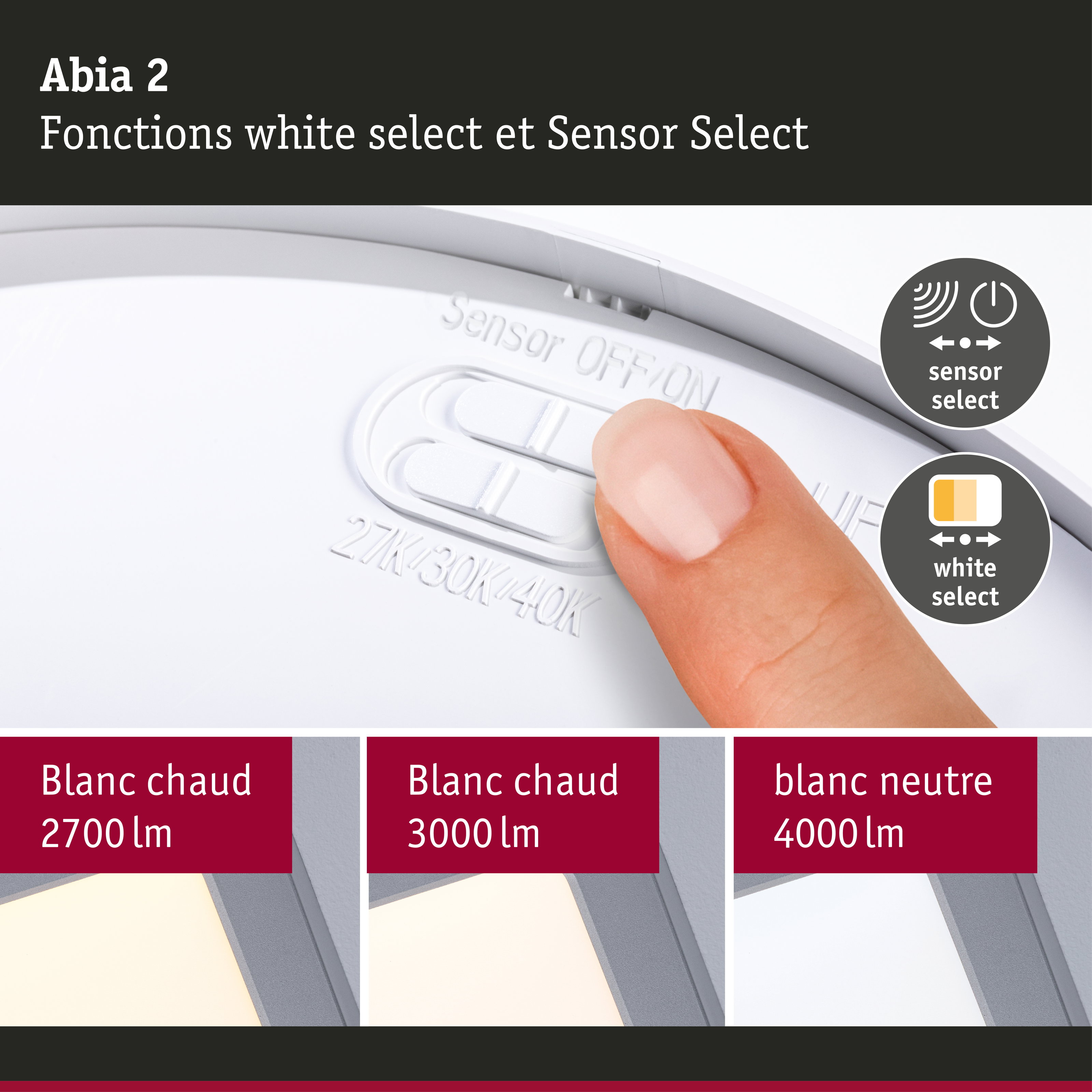 Panneau LED Abia 2 White Select Détecteur de mouvement crépusculaire (HF) carré 300x300mm 14W 900lm White Select Chrome mat