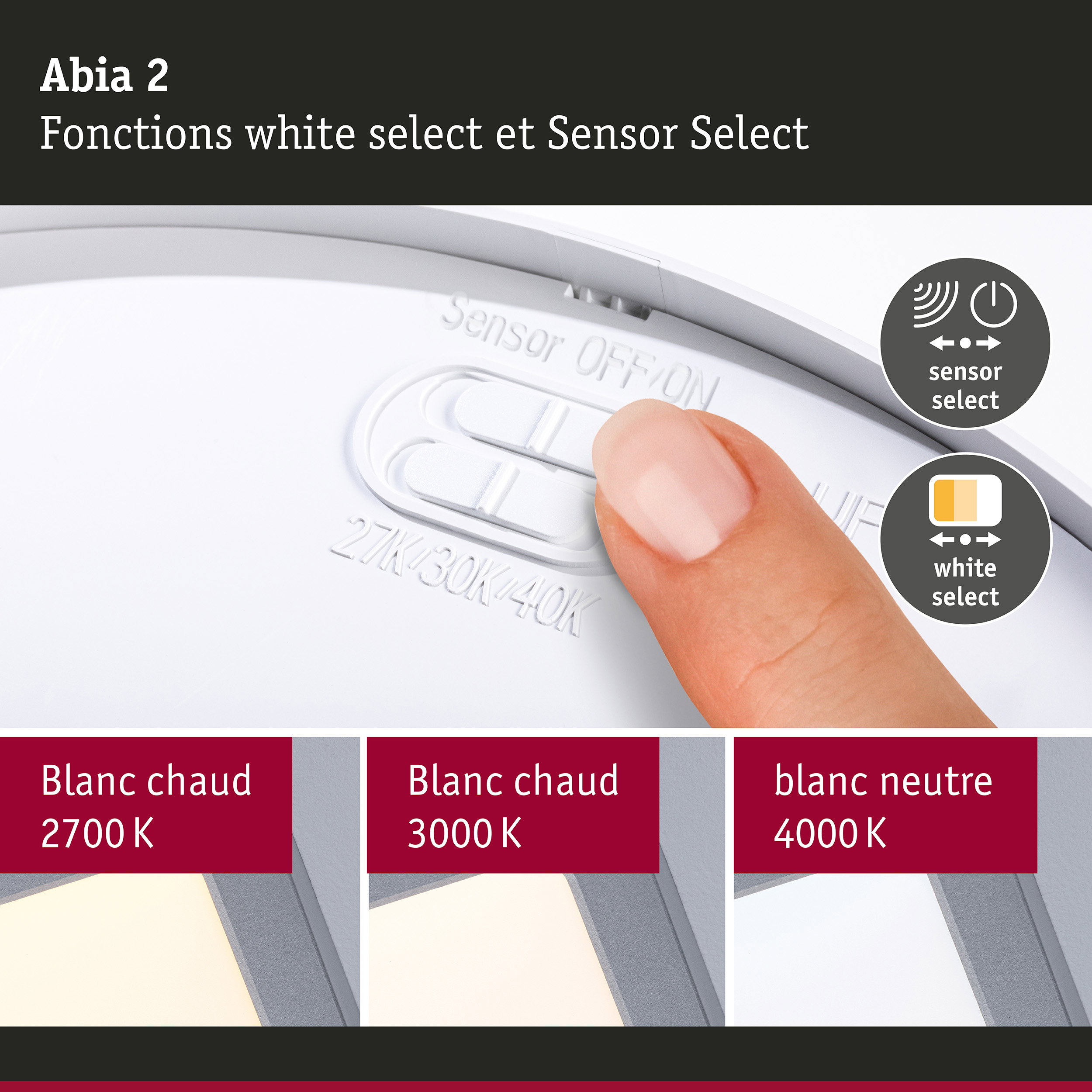 Panneau LED Abia 2 White Select Détecteur de mouvement crépusculaire (HF) carré 300x300mm 14W 900lm White Select Chrome mat