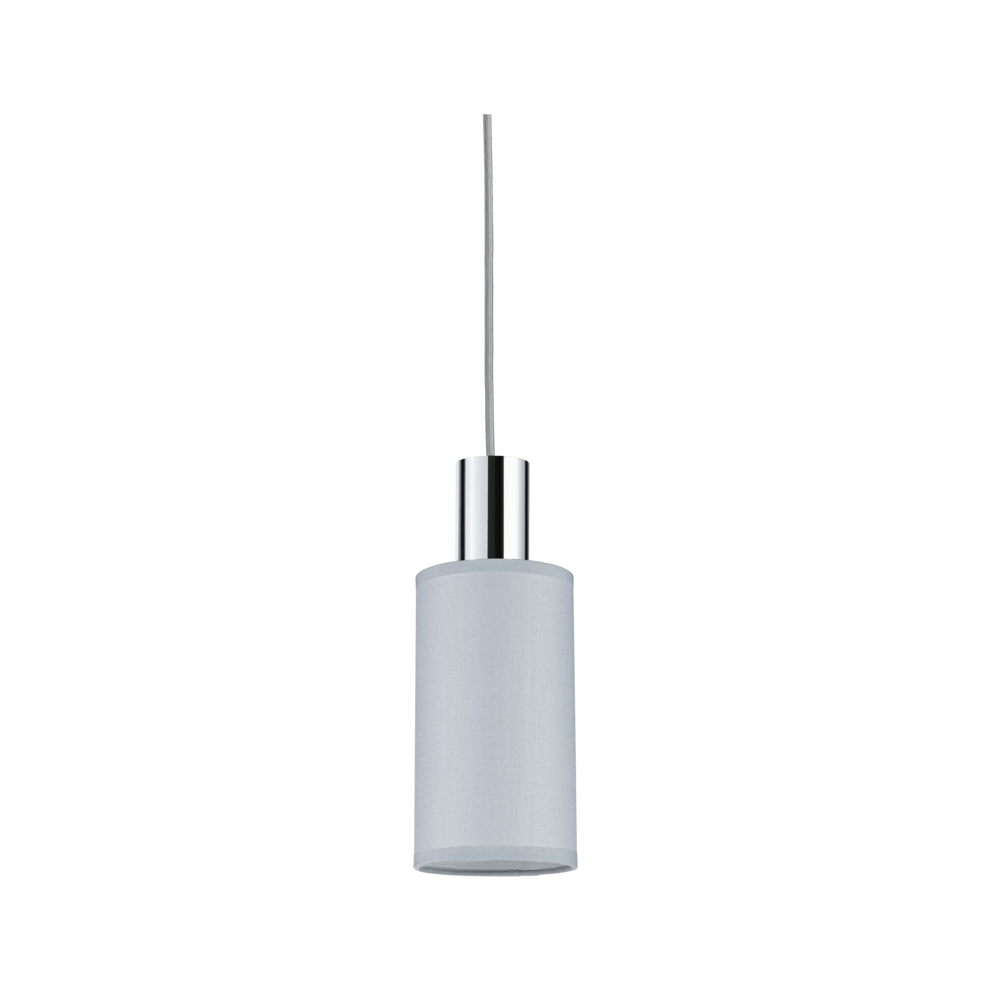 Modern pendant light with cylindrical grey fabric shade and chrome metal fitting for living spaces.