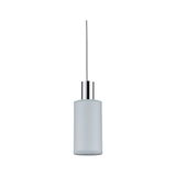 Modern pendant light with cylindrical grey fabric shade and chrome metal fitting for living spaces.
