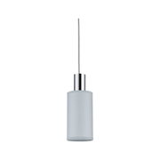 Modern pendant light with cylindrical grey fabric shade and chrome metal fitting for living spaces.